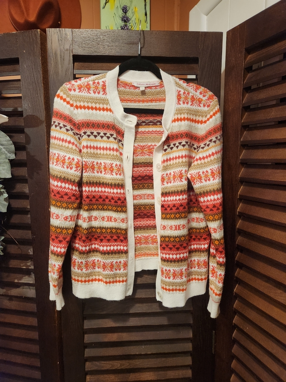 Cream Fair Isle Button-Front Cardigan with Coral and Olive Accents